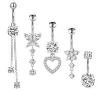 Modurio Set di 5 piercing per ombelico in acciaio chirurgico, con ciondolo a forma di farfalla, fiore e forma rotonda, da appendere, lunghezza barretta: 10 mm, argento, per donne