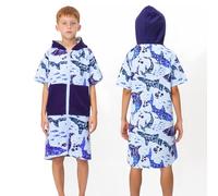 MOEMOE BABY Asciugamani con cappuccio per bambini, accappatoio, poncho, con cerniera, asciugamano da spiaggia con cappuccio, 100% cotone, per ragazzi, M, squalo blu