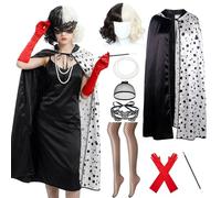 Moerstar Costume da dalmata da donna malvagia, con mantello, parrucca bianca e nera, guanti rossi, collana da donna, per la Giornata mondiale del libro