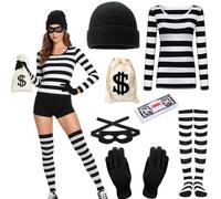 Moerstar Costume da ladro per donne e uomini, set con cappello, guanti, maschera, borsa, banconote, vestito da ladro, per Halloween, carnevale, cosplay