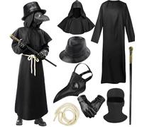Moerstar Costume da medico della peste, con maschera, cappello, mantello con cappuccio, collana e guanti, costume per Halloween, per adulti, cosplay, Halloween, carnevale