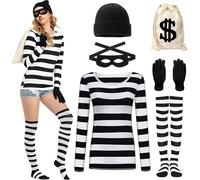Moerstar Costume da rapinatore da donna e uomo, costume da rapinatore con cappello, guanti, tasca nera per banconote bianche, costumi da ladro, costumi di carnevale per adulti (donna, L)