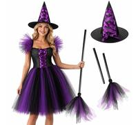 Moerstar Costume da Strega Bambina, Vestito Strega Halloween Bambina Set con Viola Cappello e Scopa Accessori Streghetta Vestiti Cosplay Bambini per Halloween Carnevale