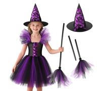 Moerstar Costume da Strega Bambina, Vestito Strega Halloween Bambina Set con Viola Cappello e Scopa Accessori Streghetta Vestiti Cosplay Bambini per Halloween Carnevale (120)