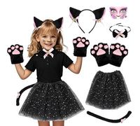 Moerstar Costume per gatti da ragazza, set di costume da gatto per bambini con tutu, orecchie di gatto, cerchietto per capelli, coda, artigli per gatti, papillon, adesivi, costumi da ragazza per