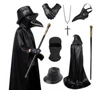 Moerstar Set costume da medico della peste nero, con maschera, cappello, mantello con cappuccio, collana e guanti, costume di Halloween, cosplay, per Halloween, carnevale, bambini e adulti