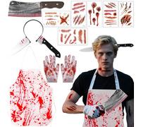 Moerstar Set di 5 costumi da macellaio per Halloween, da uomo, con grembiule insanguinato, guanti, fasce per capelli, coltello da cuoco, tatuaggi, abiti da macellaio
