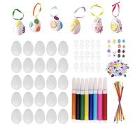 Moerstar Uova di Pasqua in plastica da appendere, 25 pezzi Uova di Pasqua bianche da dipingere con adesivi, pastelli, nastri, anelli per appendere, set fai da te per decorazioni pasquali e regali di