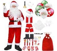 Moerstar Vestito Babbo Natale Uomo, Set Costume Babbo Natale Deluxe con Barba, Cappello, Cintura, Stivali, Sacco Natalizio e Christmas Surprise Gifts Costume Cosplay Santa Claus (B01, XXXL)