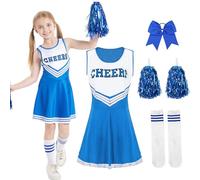 Moerstar Vestito Carnevale Cheerleader Bambina, Set Costume Cheerleader Bambina con Pom Pom Cheerleader e Mollette Capelli con Fiocco Vestito Carnevale Cheerleader per Ragazza (Blu, 110)