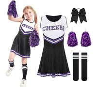 Moerstar Vestito Carnevale Cheerleader Bambina, Set Costume Cheerleader Bambina con Pom Pom Cheerleader e Mollette Capelli con Fiocco Vestito Carnevale Cheerleader per Ragazza (Nero, 110)