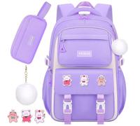 Moerstar Zaino da scuola per ragazze con ciondolo, multi tasca per la scuola per ragazze con astuccio, zaino casual resistente all'acqua, zaino da viaggio di grande capacità per adolescenti, Viola, L