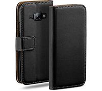 moex Custodia a Portafoglio per Samsung Galaxy J1 (2016), Custodia per Cellulare con Tasca per schede e Carte Credito, Protezione a 360°, in Pelle vegana, Profondo - Nero