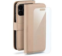 moex Set 4 in 1 per iPhone 17 Pro con 3 pellicole protettive, scomparto per carte di credito, custodia a libro e pellicola FlexProtect, protezione completa a 360°, tortora