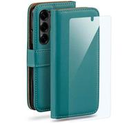 moex Set 4 in 1 per Samsung Galaxy S25 Ultra con 3 pellicole protettive, scomparto per carte di credito, custodia a libro e pellicola FlexProtect, protezione completa a 360°, petrolio