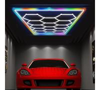 MOFGOE Lampada da Garage Esagonale, luci LED esagonali Fai da Te, Luce a Nido d'Ape con Cornice Rettangolare, 672 W 73920 LM 6500 K, 14 Griglie, per Garage, seminterrato, Magazzino,RGB