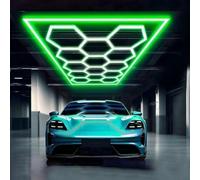 MOFGOE Luce da Garage Esagonale aggiornata, 672 W, 14 Griglie, 73.920 lm, Luce da soffitto a LED Super Luminosa per Dettagli Auto, per Garage, Magazzino, Sala espositiva, Palestra,Verde