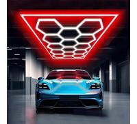 MOFGOE Luce da Garage Esagonale aggiornata, 672 W, 14 Griglie, 73.920 lm, Luce da soffitto a LED Super Luminosa per Dettagli Auto, per Garage, Magazzino, Sala espositiva, Palestra,Rosso