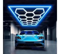 MOFGOE Luce da Garage Esagonale aggiornata, 672 W, 14 Griglie, 73.920 lm, Luce da soffitto a LED Super Luminosa per Dettagli Auto, per Garage, Magazzino, Sala espositiva, Palestra,Blu