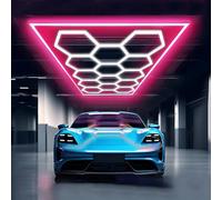 MOFGOE Luce da Garage Esagonale aggiornata, 672 W, 14 Griglie, 73.920 lm, Luce da soffitto a LED Super Luminosa per Dettagli Auto, per Garage, Magazzino, Sala espositiva, Palestra,Rosa