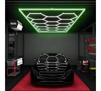 MOFGOE Luci LED esagonali Fai da Te, 73920 lm, 6500 K, 672 W, plafoniera LED Esagonale da Garage a 14 Griglie, con Cornice Rettangolare Colorata, per Garage, Officina di Bellezza per Auto,Verde