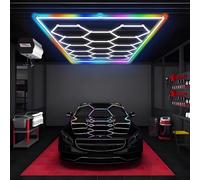 MOFGOE Luci LED esagonali Fai da Te, 73920 lm, 6500 K, 672 W, plafoniera LED Esagonale da Garage a 14 Griglie, con Cornice Rettangolare Colorata, per Garage, Officina di Bellezza per Auto,RGB