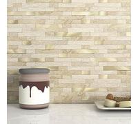 MOFIT - Piastrelle autoadesive 3D in mattoni in pietra, per cucina, piastrelle autoadesive da parete, piastrelle a mosaico lineari in marmo per bagno, camino, vanità (beige, 5 fogli)