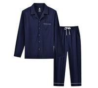 MoFiz Pigiama da uomo lungo, in cotone, con bottoni | Comodo, scollo a V, pigiama da uomo con bottoni, a maniche lunghe, tuta da casa, biancheria da notte, loungewear