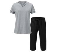 MoFiz Pigiama Donna Estivo Cotone Leggero Comodo Pigiami Due Pezzi da Donna Corti Collo a V Maniche Corte con Pigiama Pinocchietto con Tasche