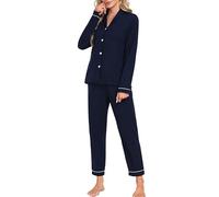 MoFiz Pigiama Donna Lungo Invernale Morbido Set Pigiama da Notte con Bottoni Manica Lunga Pigiami Due Pezzi Elegante Scollo a V Camicie Pigiama e Pantaloni con Tasche Blu Marino Taglia US XL