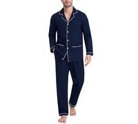 MoFiz Pigiama Uomo Cotone Lungo Invernale Pigiama da Notte con Bottoni Maniche Lunghe Morbido Pigiami Due Pezzi Camicia Pigiama e Pantaloni con Tasche Blu Marino US L/EU XL