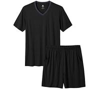 MoFiz Pigiama Uomo Estivo Corto Pigiami Due Pezzi da Uomo Set Manica Corta Scollo a V Pigiama Camicia e Pantaloncini Pigiama Morbido Comoda Nero Taglia US XL/EU 2XL