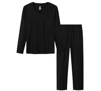 MoFiz Pigiama Uomo Lungo Invernale Morbido Collo a V Set di Pigiama Pigiami Due Pezzi Manica Lunga Notte Camicia e Pantaloni Pigiama con Tasche Nero US M/EU L