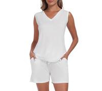 MoFiz Pigiami Due Pezzi Donna Estivo Morbido Pigiama Set da Casa Pantaloncini e Maglia Senza Maniche Bianco XL
