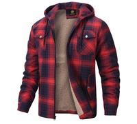 MoFiz Uomo Camicia di Flanella a Quadri Giacca di Cotone Invernale Foderata Camicia da Boscaiolo Manica Lunga con Cappuccio e Cinque Tasche Natale Rosso-Blu L