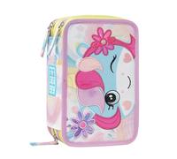 MOFU MOFU - Astuccio Scuola Ufficiale Mofu Mofu, Astuccio 3 Scomparti Bambina e Bambino con Set Cancelleria, Penne Cancellabili blu e rossa, e Pratica Chiusura a Zip, 20x13Hx7 cm, Unicorno