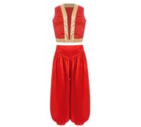 Moggemol Arabo Ragazzo Abito Arabo Principe Completo Gilet Pantaloni Harem Set Bambini Carnevale Halloween Festa A Tema Oriente Genio Travestimento Rosso 15-16 anni