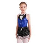 Moggemol Ragazza Abito da Ballo Scintillante Paillettes Abito Latin Jazz Maglia con Frange Costume da Ballo per Bambini Scintillante Tango Salsa Modern Dance Blu 13-14 Anni