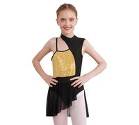 Moggemol Ragazza Abito da Ballo Senza Maniche Abito da Balletto Brillantezza Colori Contrastanti Body Danza con Asimmetrico Roccia Bambini Latino Ballare Moderno Oro 5-6 Anni