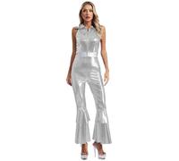 Moggemol Vintage Salopette Disco Degli Anni Donna Senza Maniche E Con Pantaloni Campana Feste Danza Argento L