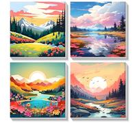 MOGTAA 4 Pack Paesaggio Dipingere con i numeri con Cornice, Montagne e fiumi Pittura Per Numero Kit Per Adulti Bambini, Kit per Dipingere con i Numeri per la decorazione domestica e regali 20x20cm
