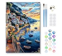 MOGTAA Dipingi con i numeri, per adulti e principianti, con cornice, città costiera dipingere con i numeri, per adulti, bambini, kit per pittura a olio fai da te, artigianato artistico per la