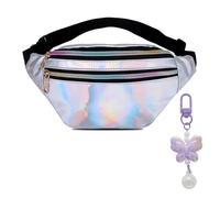 Moguri® Marsupio Glitter per Bambini, Ragazze, Donne, Impermeabile, alla Moda, con Portachiavi Farfalla Laser Viola, Adatto per Feste, Argento
