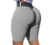 MOHUACHI Pantaloncini da yoga a vita alta per il controllo della pancia, per il sollevamento del culo, pantaloncini da allenamento per le donne con gambali increspati (grigio, L)