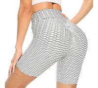 MOHUACHI Pantaloncini da yoga a vita alta per il controllo della pancia, per il sollevamento del culo, pantaloncini da allenamento per le donne increspate gambali (bianco, L)