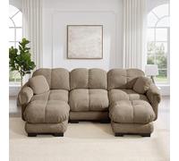 MOHUANG Divano Cloud a 3 posti, con pouf mobile e 2 piccoli cuscini decorativi, design trapuntato fine, cuscino spesso, morbido e di supporto, facile da montare, per soggiorno, marrone