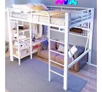 MOHUANG Letto a soppalco 140 x 200 cm, telaio in ferro, vano portaoggetti, rete per appendere oggetti, con asta appendiabiti, spazio aperto sotto il letto, senza materasso, bianco