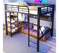 MOHUANG Letto a soppalco 140 x 200 cm, telaio in ferro, vano portaoggetti, rete per appendere oggetti, con asta appendiabiti, spazio aperto sotto il letto, senza materasso, nero