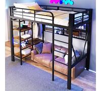 MOHUANG Letto a soppalco 90 x 200 cm, telaio in ferro, vano portaoggetti, rete per appendere oggetti, con asta appendiabiti, spazio aperto sotto il letto, senza materasso, nero