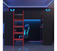 MOHUANG Letto a soppalco multifunzionale, 90 x 200 cm, con scrivania, supporto per computer, scaffale a più piani, appendiabiti semplice, con scala sicura, nero e rosso